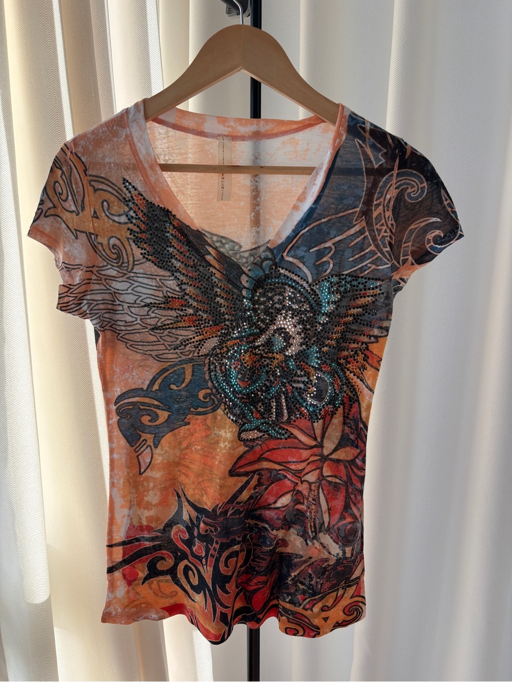 Y2K S-Twelve Rhinestone Dragon Graphic V-Neck Top Made in USA